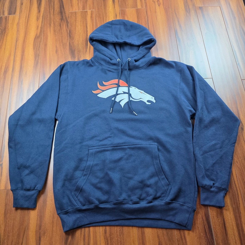 Fanatics Denver Broncos Mens Hoodie Navy Blue Cotton Pullover Sweatshirt Size M